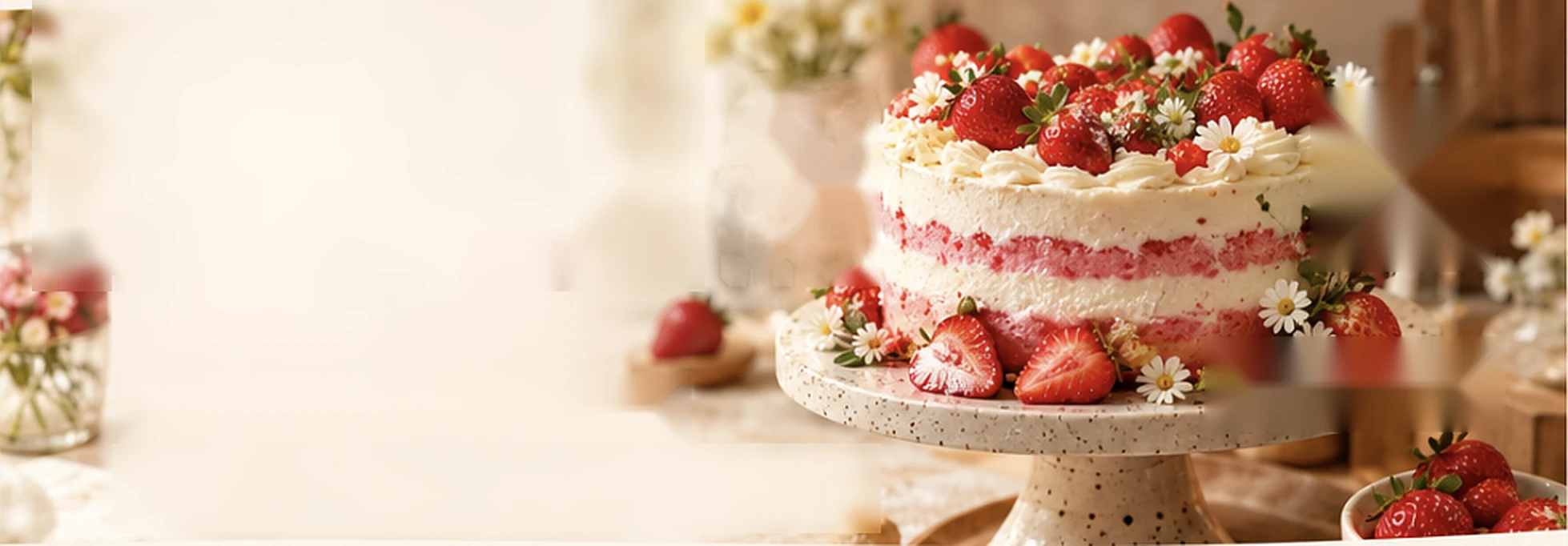 Strawberry cream cake with daisies on a speckled cake stand